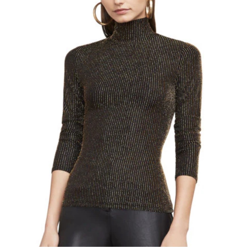 BCBG MaxAzria Brinne Black/Metallic Blue Turtleneck Top - L